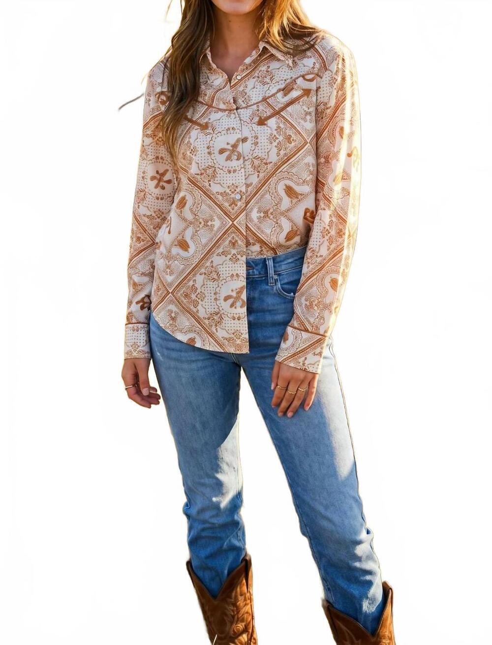 NEW BLUE B bandana vintage western snap-front shirt in off white rust
